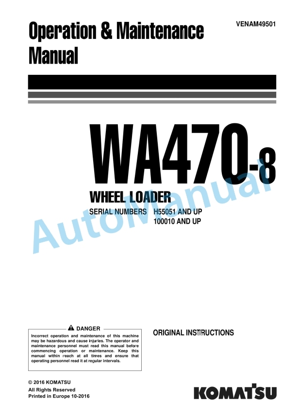 Komatsu WA470-8 Wheel Loader Operation and Maintenance Manual VENAM49501