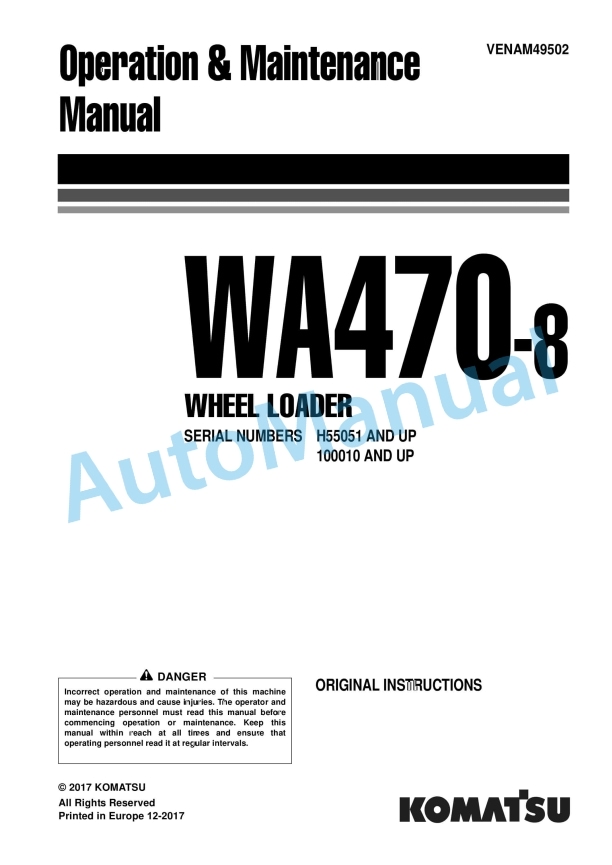 Komatsu WA470-8 Wheel Loader Operation and Maintenance Manual VENAM49502