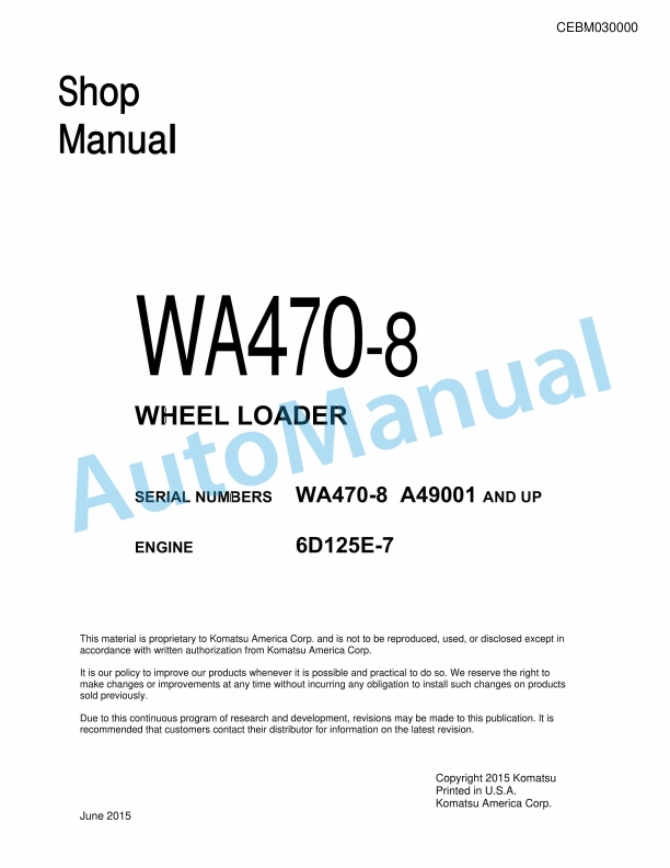 Komatsu WA470-8 Wheel Loader Shop Manual CEBM030000