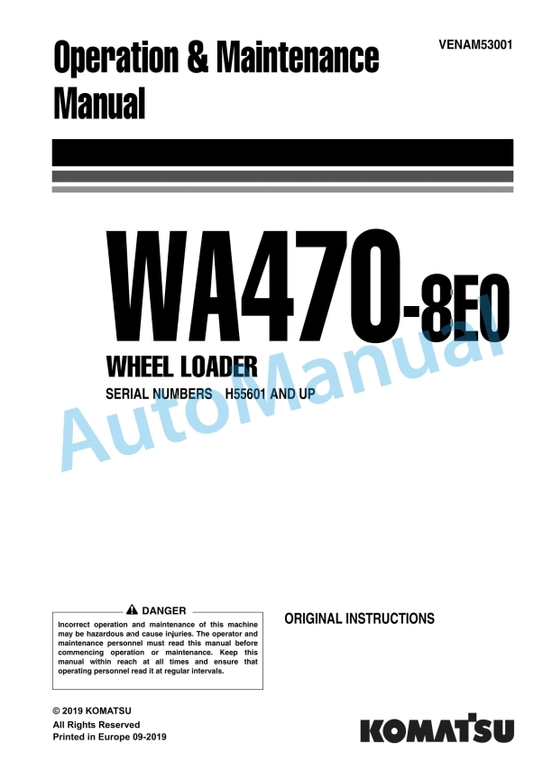Komatsu WA470-8E0 Wheel Loader Operation and Maintenance Manual VENAM53001