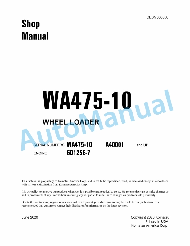 Komatsu WA475-10 Wheel Loader Shop Manual CEBM035000