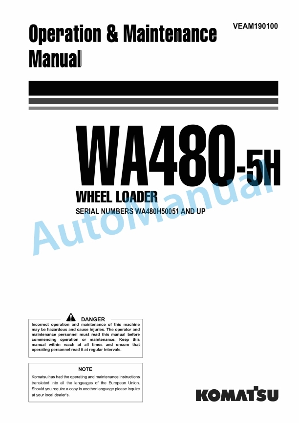 Komatsu WA480-5H Wheel Loader Operation and Maintenance Manual VEAM190100