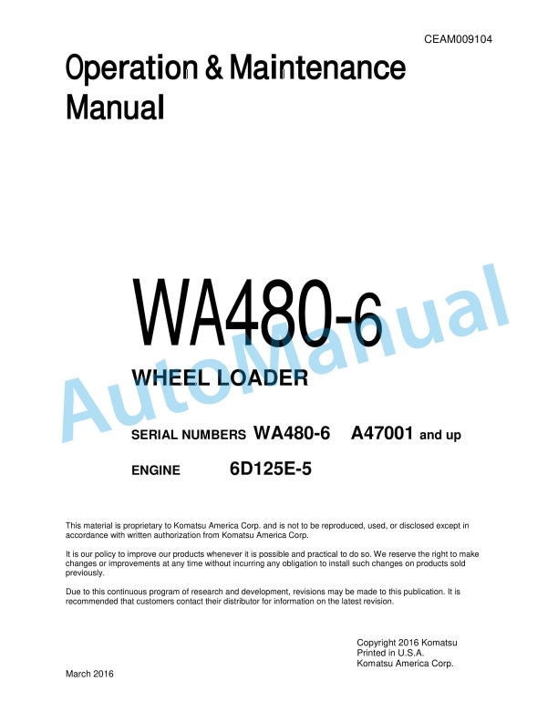 Komatsu WA480-6 Wheel Loader Operation and Maintenance Manual CEAM009104