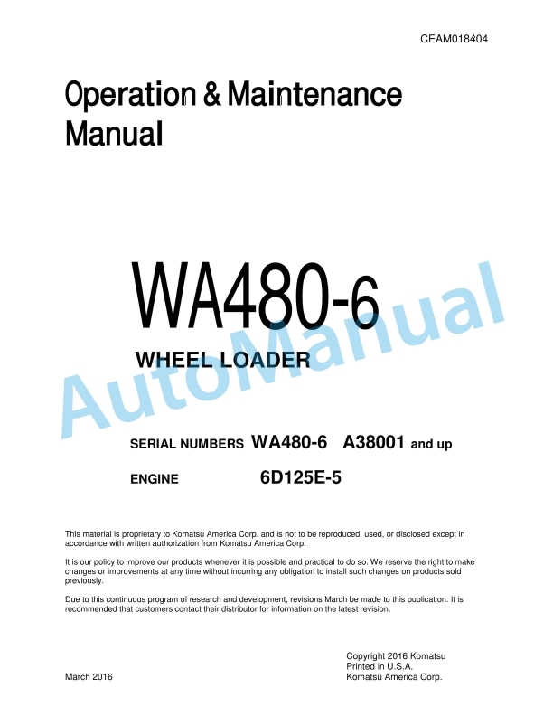 Komatsu WA480-6 Wheel Loader Operation and Maintenance Manual CEAM018404