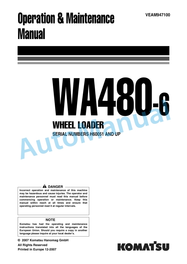 Komatsu WA480-6 Wheel Loader Operation and Maintenance Manual VEAM947100