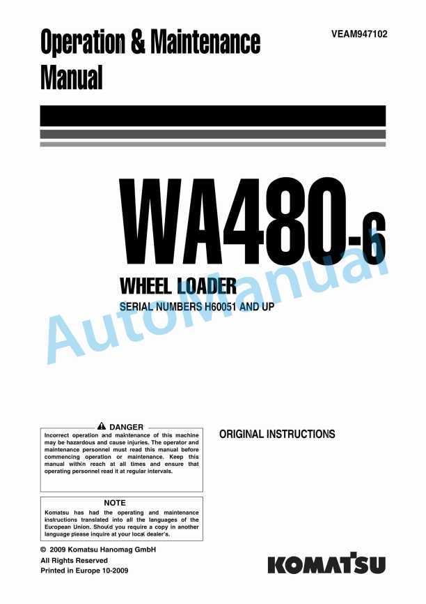 Komatsu WA480-6 Wheel Loader Operation and Maintenance Manual VEAM947102