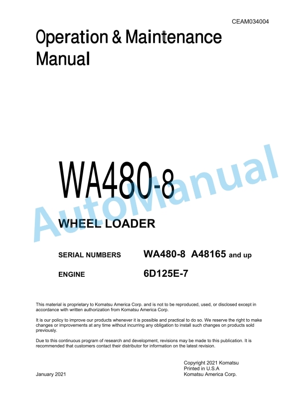 Komatsu WA480-8 Wheel Loader Operation and Maintenance Manual CEAM034004
