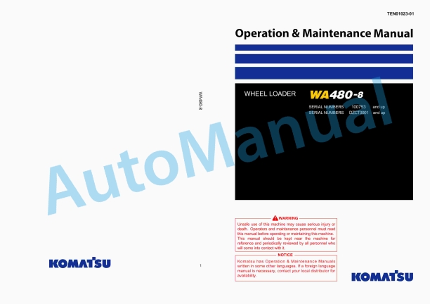 Komatsu WA480-8 Wheel Loader Operation and Maintenance Manual TEN01023-01