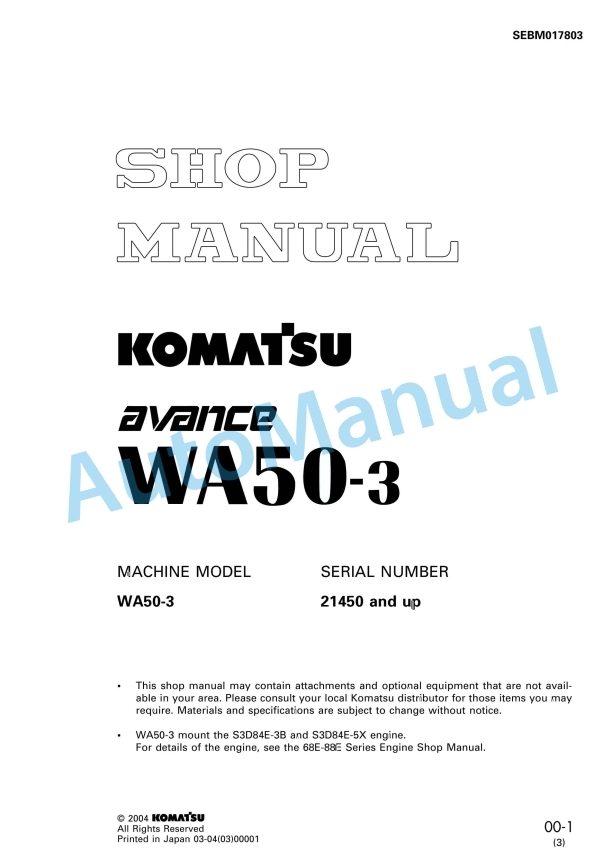 Komatsu WA50-3 Avance Wheel Loader Shop Manual SEBM017803