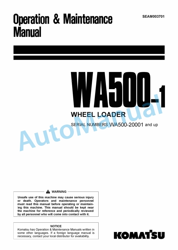 Komatsu WA500-1 Wheel Loader Operation and Maintenance Manual SEAM003701