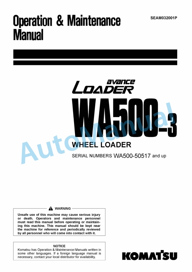 Komatsu WA500-3 Avance Wheel Loader Operation and Maintenance Manual SEAM032001P