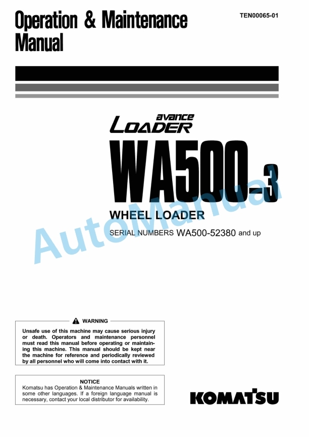 Komatsu WA500-3 Avance Wheel Loader Operation and Maintenance Manual TEN00065-01