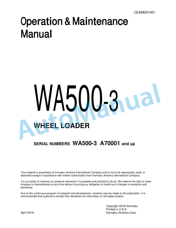 Komatsu WA500-3 Wheel Loader Operation and Maintenance Manual CEAM001401