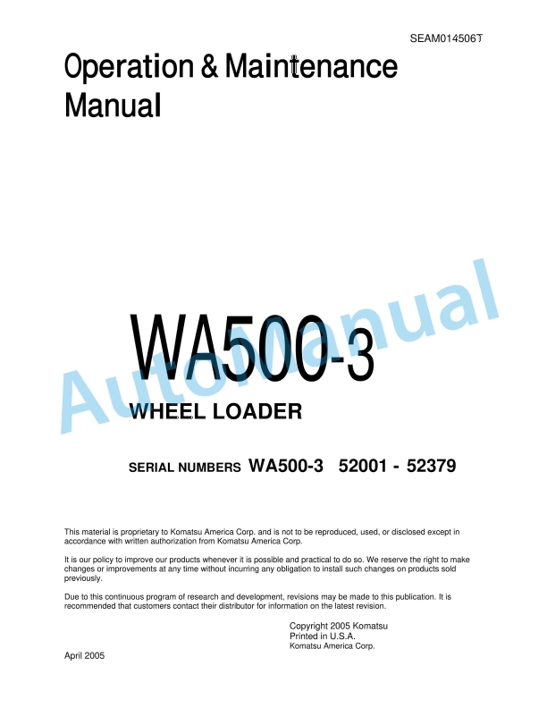 Komatsu WA500-3 Wheel Loader Operation and Maintenance Manual SEAM014506T