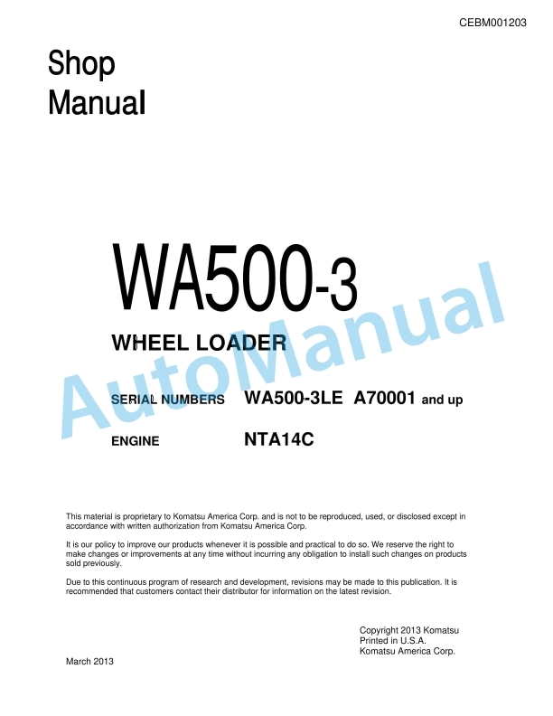Komatsu WA500-3 Wheel Loader Shop Manual CEBM001203
