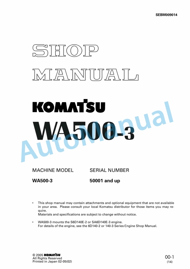 Komatsu WA500-3 Wheel Loader Shop Manual SEBM009014