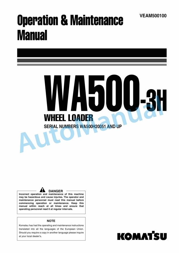 Komatsu WA500-3H Wheel Loader Operation and Maintenance Manual VEAM500100