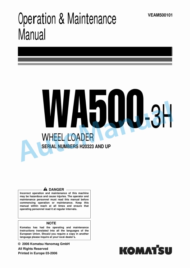 Komatsu WA500-3H Wheel Loader Operation and Maintenance Manual VEAM500101