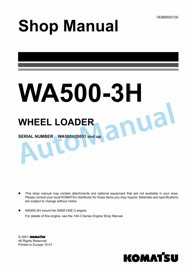 Komatsu WA500-3H Wheel Loader Shop Manual VEBM500100