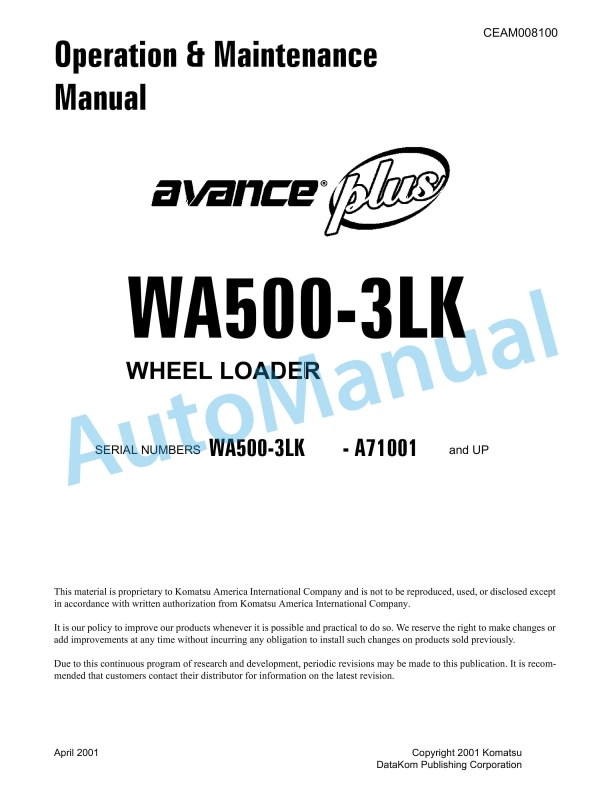 Komatsu WA500-3LK Avance Wheel Loader Operation and Maintenance Manual CEAM008100
