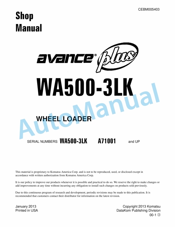 Komatsu WA500-3LK Wheel Loader Shop Manual CEBM005403