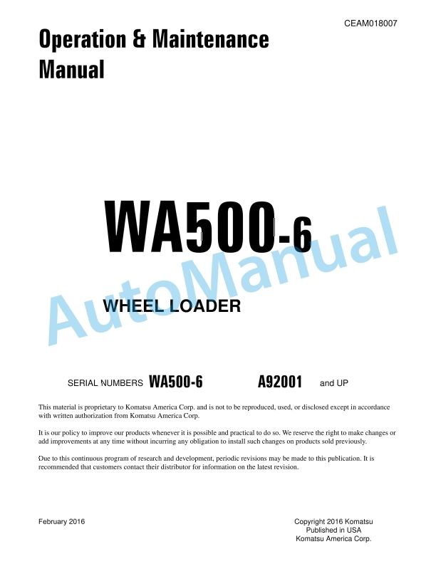 Komatsu WA500-6 Wheel Loader Operation and Maintenance Manual CEAM018007
