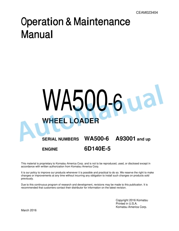 Komatsu WA500-6 Wheel Loader Operation and Maintenance Manual CEAM023404