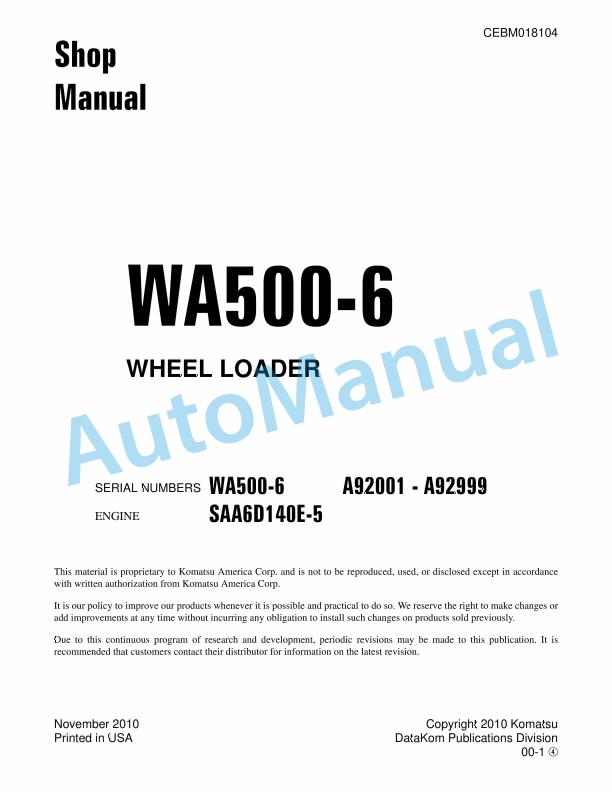 Komatsu WA500-6 Wheel Loader Shop Manual CEBM018104