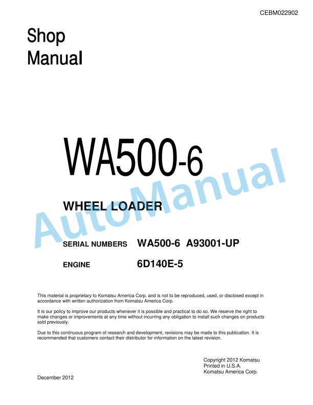Komatsu WA500-6 Wheel Loader Shop Manual CEBM022902