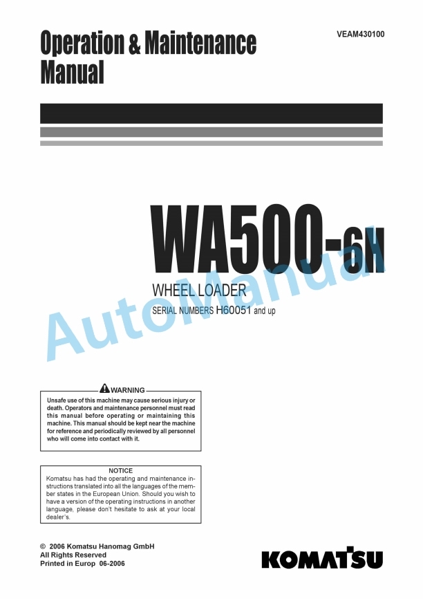 Komatsu WA500-6H Wheel Loader Operation and Maintenance Manual VEAM430100