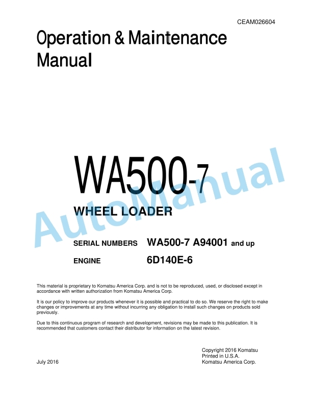 Komatsu WA500-7 Wheel Loader Operation and Maintenance Manual CEAM026604