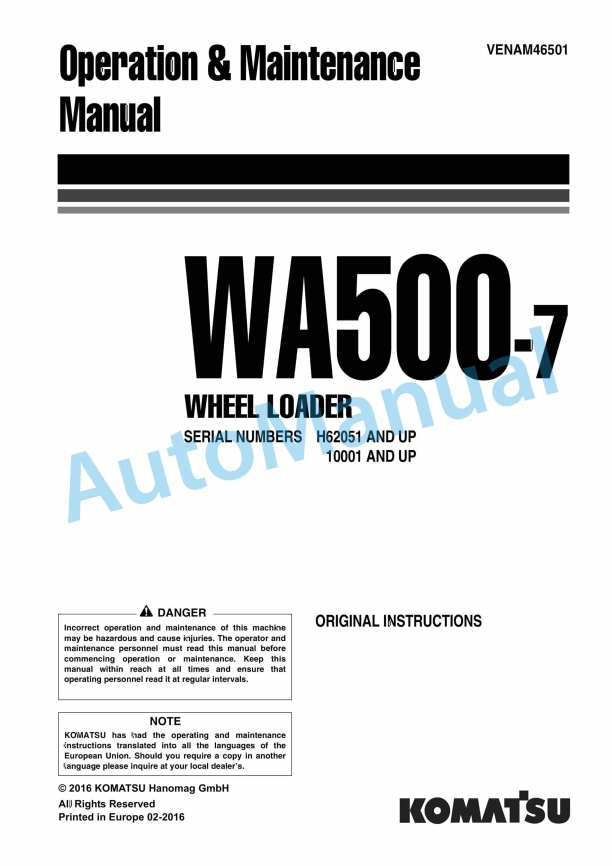 Komatsu WA500-7 Wheel Loader Operation and Maintenance Manual VENAM46501