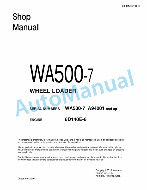 Komatsu WA500-7 Wheel Loader Shop Manual CEBM026803