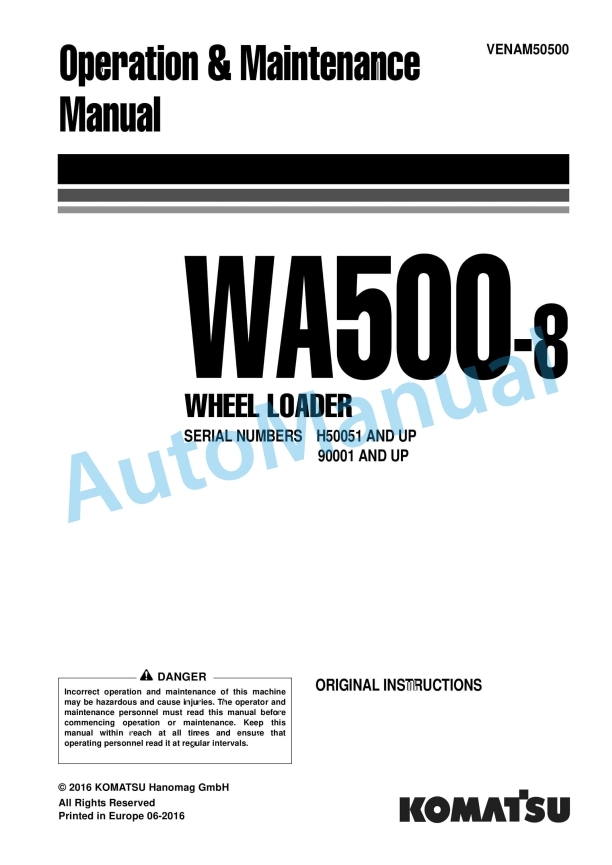 Komatsu WA500-8 Wheel Loader Operation and Maintenance Manual VENAM50500