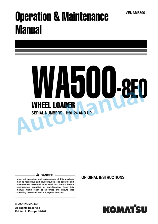 Komatsu WA500-8E0 Wheel Loader Operation and Maintenance Manual VENAM55001