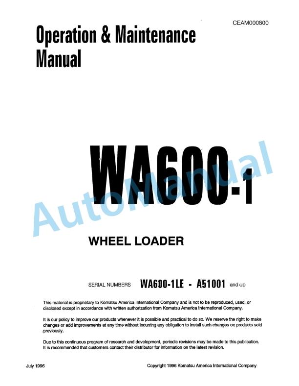 Komatsu WA600-1 Wheel Loader Operation and Maintenance Manual CEAM000800