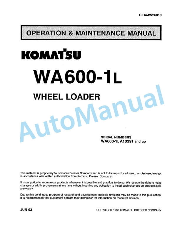 Komatsu WA600-1L Wheel Loader Operation and Maintenance Manual CEAMW26010