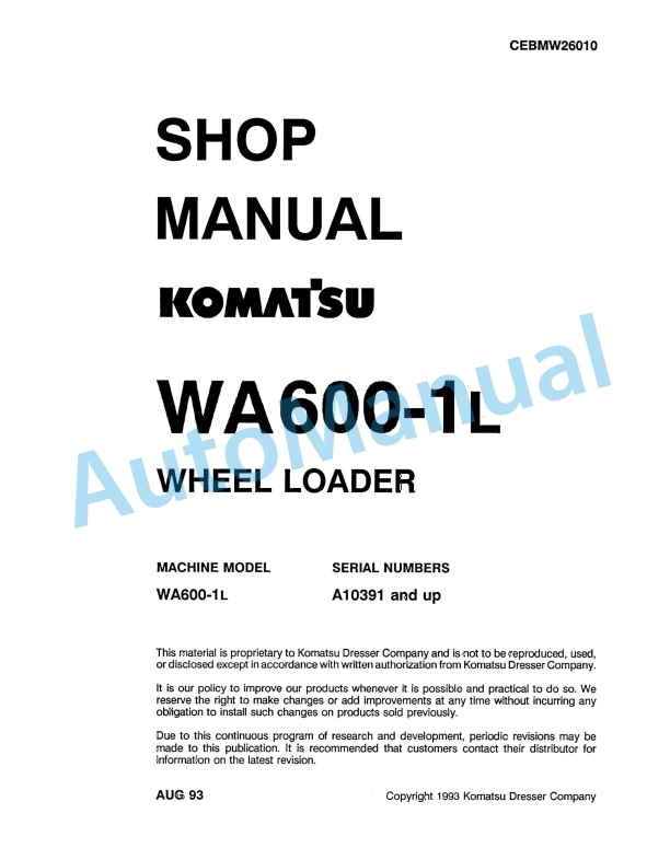 Komatsu WA600-1L Wheel Loader Shop Manual CEBMW26010