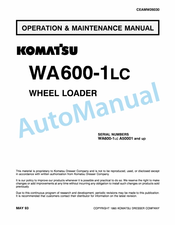 Komatsu WA600-1LC Wheel Loader Operation and Maintenance Manual CEAMW26030