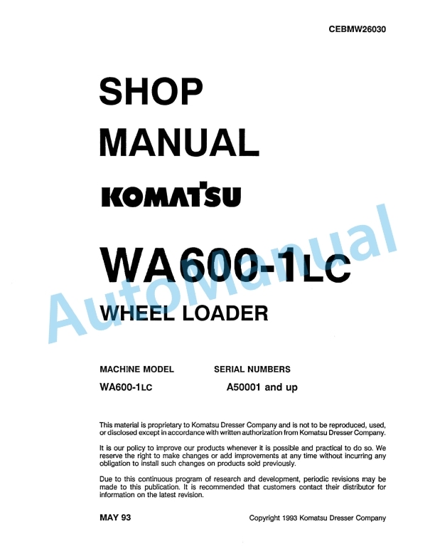 Komatsu WA600-1LC Wheel Loader Shop Manual CEBMW26030