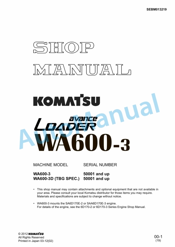 Komatsu WA600-3 Avance Loader Shop Manual SEBM013219