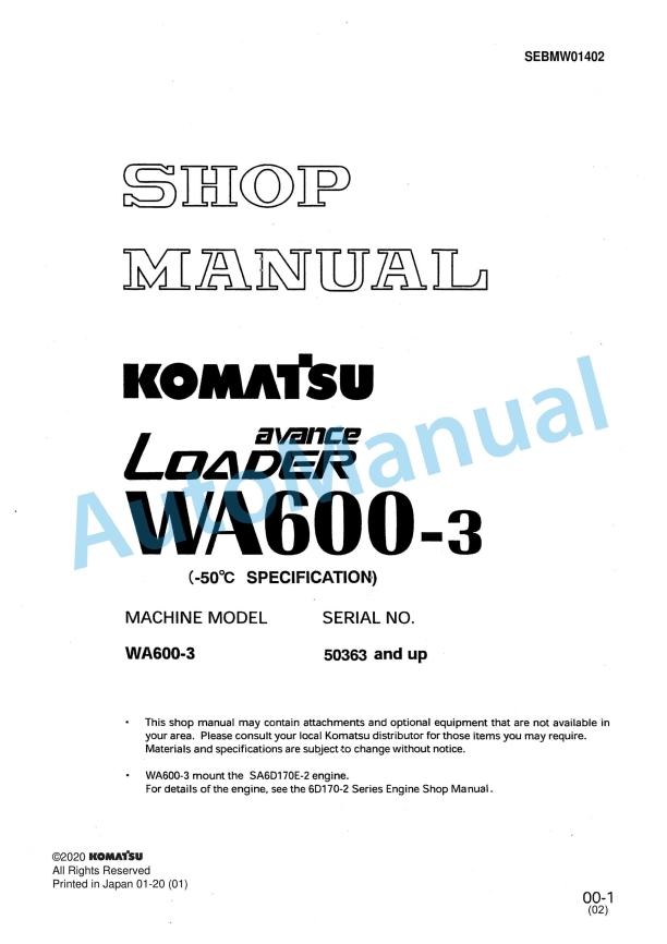 Komatsu WA600-3 Avance Wheel Loader Shop Manual SEBMW01402