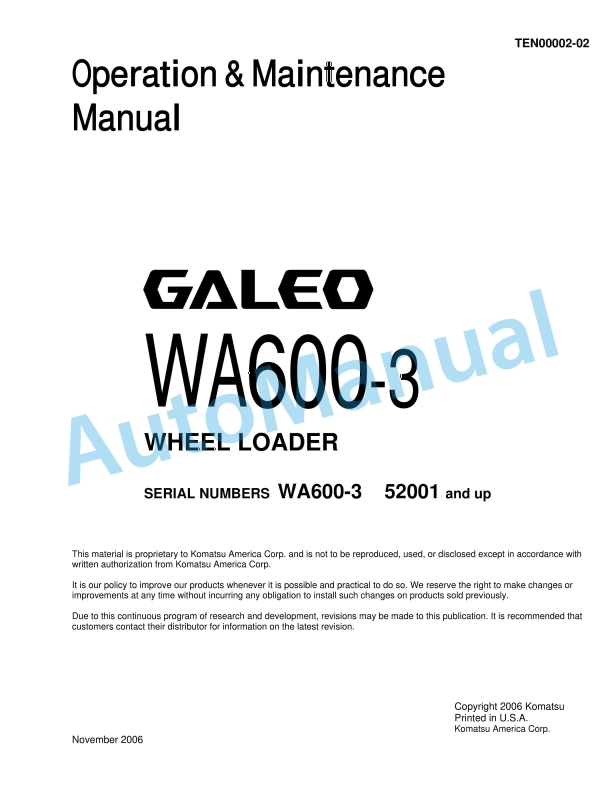Komatsu WA600-3 Galeo Wheel Loader Operation and Maintenance Manual TEN00002-02