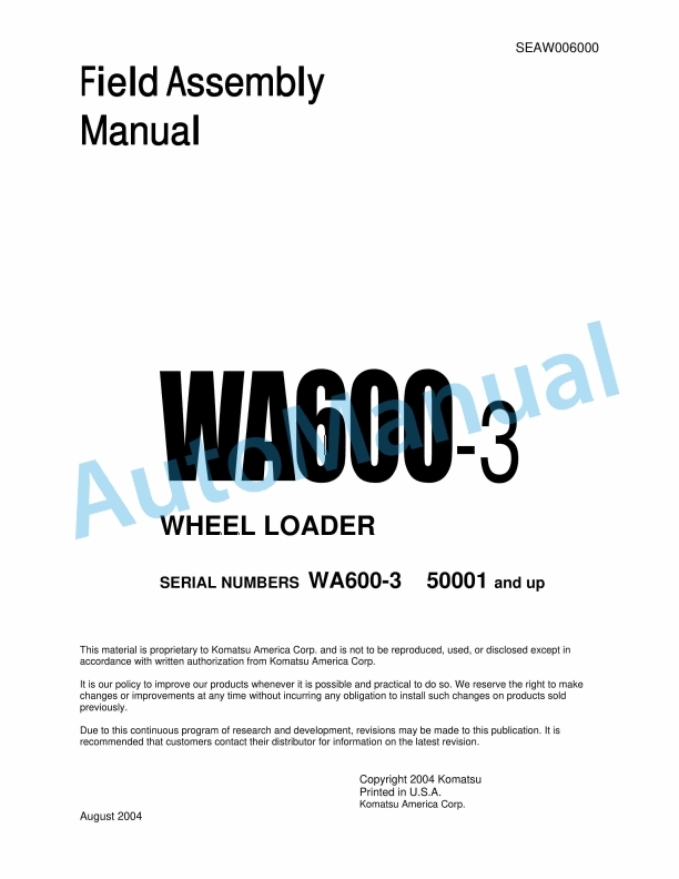 Komatsu WA600-3 Wheel Loader Field Assembly Manual SEAW006000