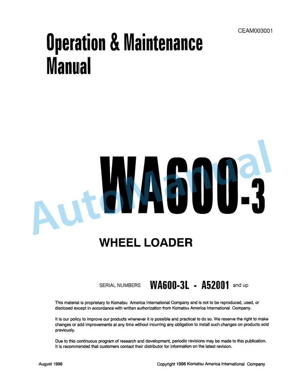 Komatsu WA600-3 Wheel Loader Operation and Maintenance Manual CEAM003001
