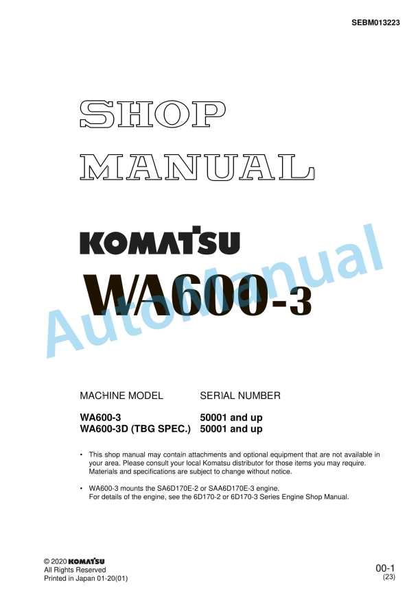 Komatsu WA600-3 Wheel Loader Shop Manual SEBM013223