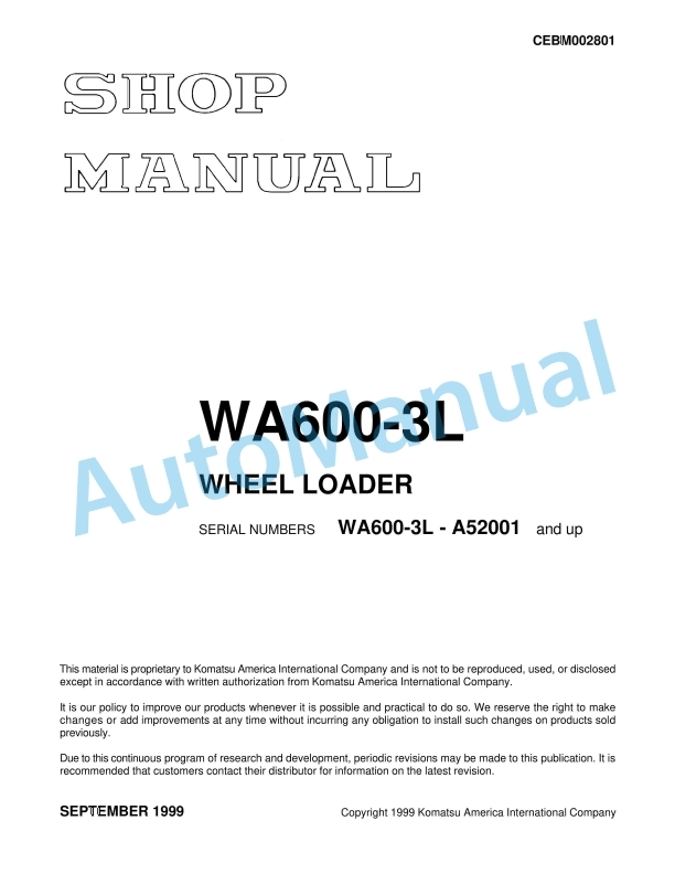 Komatsu WA600-3L Wheel Loader Shop Manual CEBM002801