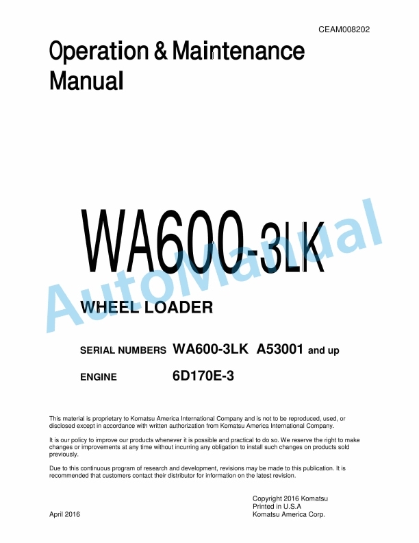Komatsu WA600-3LK Wheel Loader Operation and Maintenance Manual CEAM008202