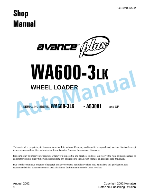 Komatsu WA600-3LK Wheel Loader Shop Manual CEBM005502