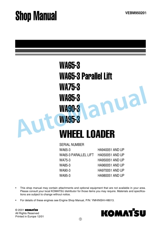 Komatsu WA65-3, WA65-3 Parallel Lift, WA75-3, WA85-3, WA90-3, WA95-3 Wheel Loader Shop Manual VEBM950201